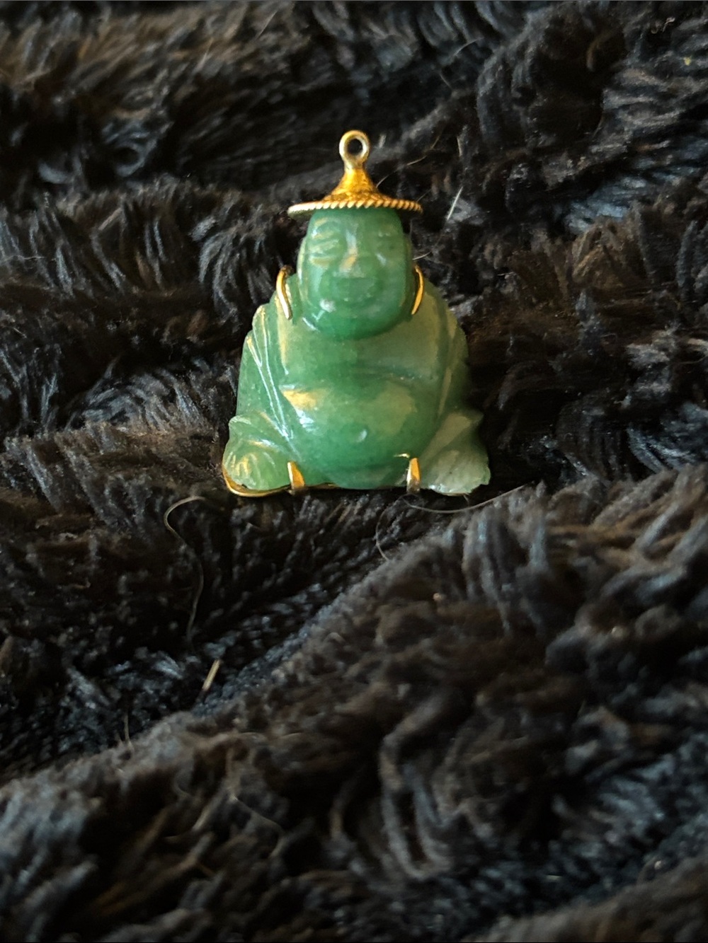 10K YELLOW GOLD Green carved aventurine Buddha Pendant Necklace Charm